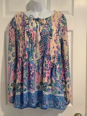 NWT LILLY PULITZER Marlina Long Sleeve Macadamia Multicolor Pastel  Blouse XL
